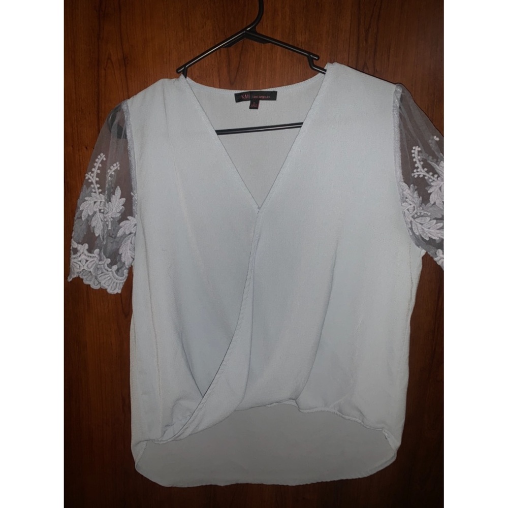 Light Blue Blouse with short Lace Sleeves